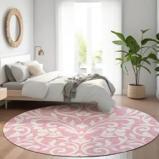 8' Pink And Ivory Floral Washable Round Rug With UV Protection Photo 5