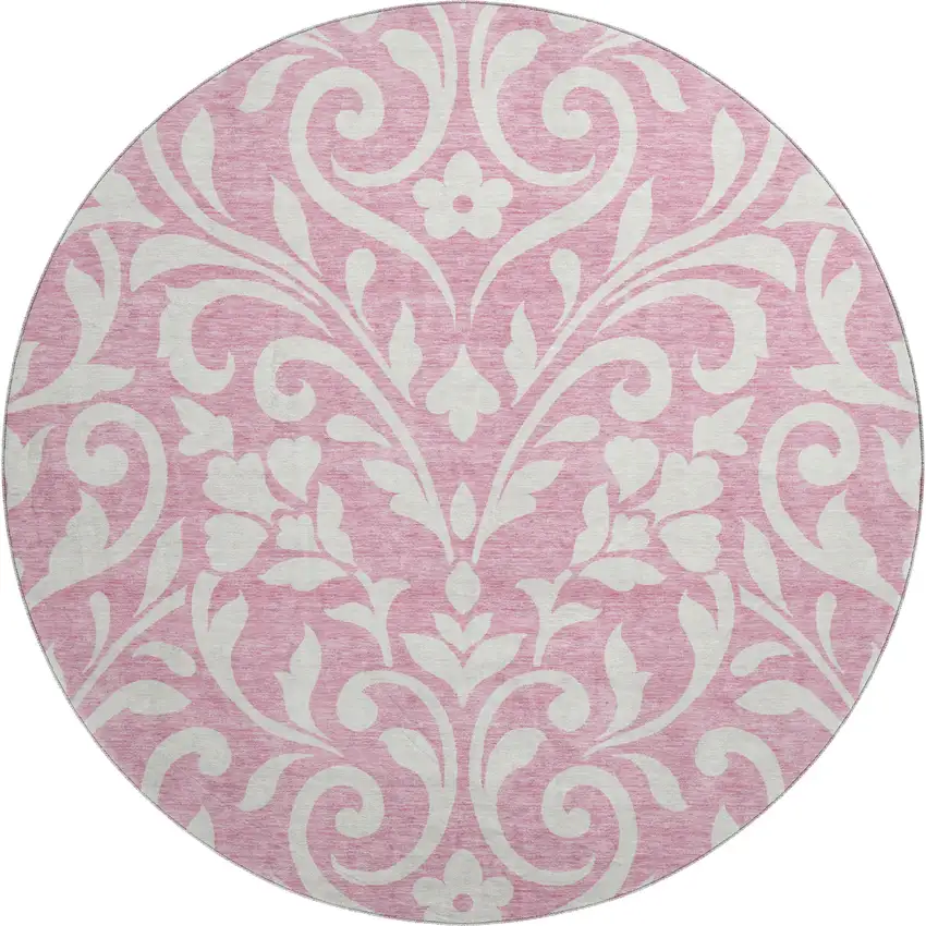 8' Pink And Ivory Floral Washable Round Rug With UV Protection Photo 1