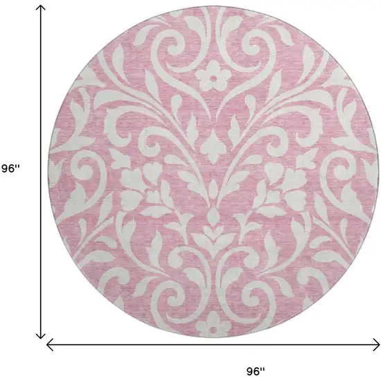 8' Pink And Ivory Floral Washable Round Rug With UV Protection Photo 8