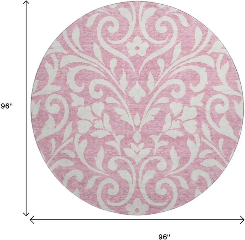 8' Pink And Ivory Floral Washable Round Rug With UV Protection Photo 8