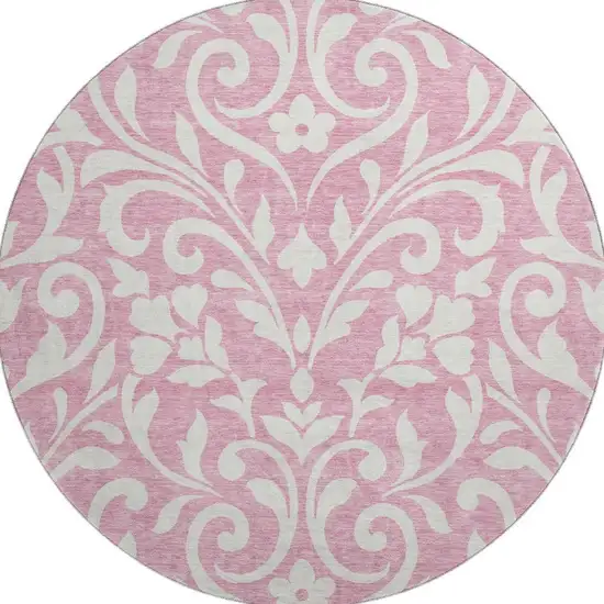8' Pink And Ivory Floral Washable Round Rug With UV Protection Photo 4