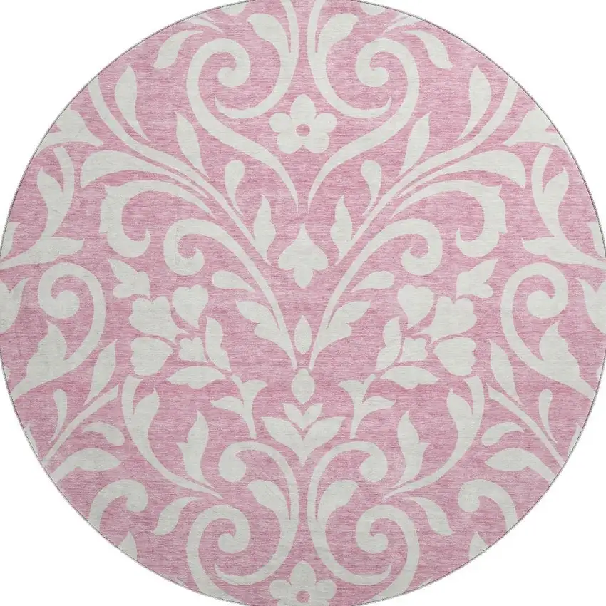 8' Pink And Ivory Floral Washable Round Rug With UV Protection Photo 4