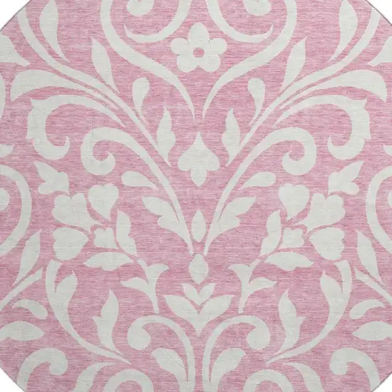 8' Pink And Ivory Floral Washable Round Rug With UV Protection Photo 3