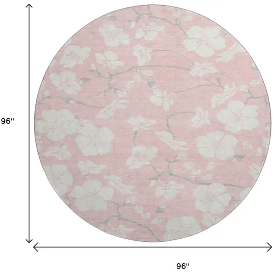 8' Pink And Ivory Floral Washable Round Rug With UV Protection Photo 9