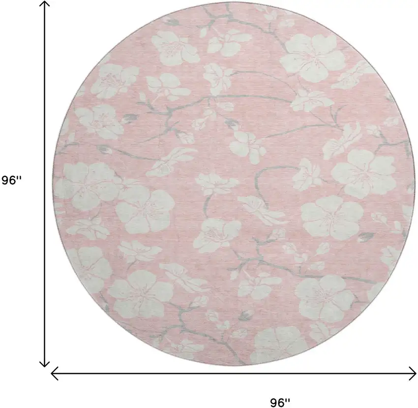 8' Pink And Ivory Floral Washable Round Rug With UV Protection Photo 9