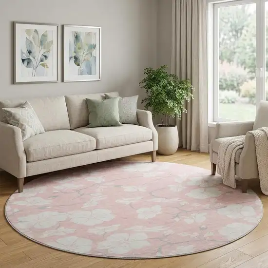 8' Pink And Ivory Floral Washable Round Rug With UV Protection Photo 1