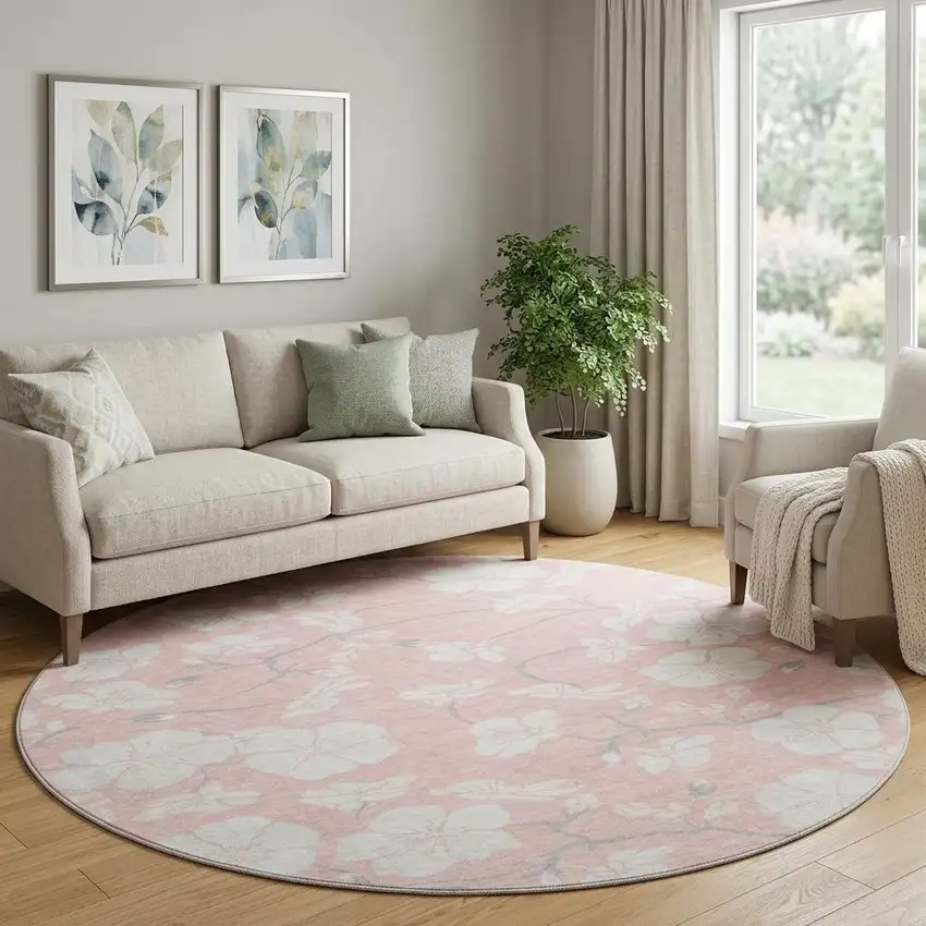 8' Pink And Ivory Floral Washable Round Rug With UV Protection Photo 1
