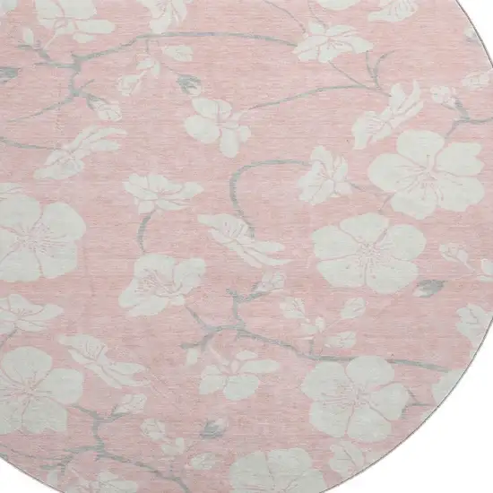 8' Pink And Ivory Floral Washable Round Rug With UV Protection Photo 2