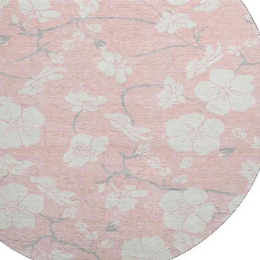 8' Pink And Ivory Floral Washable Round Rug With UV Protection Photo 2