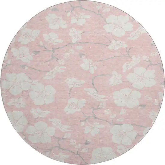 8' Pink And Ivory Floral Washable Round Rug With UV Protection Photo 1