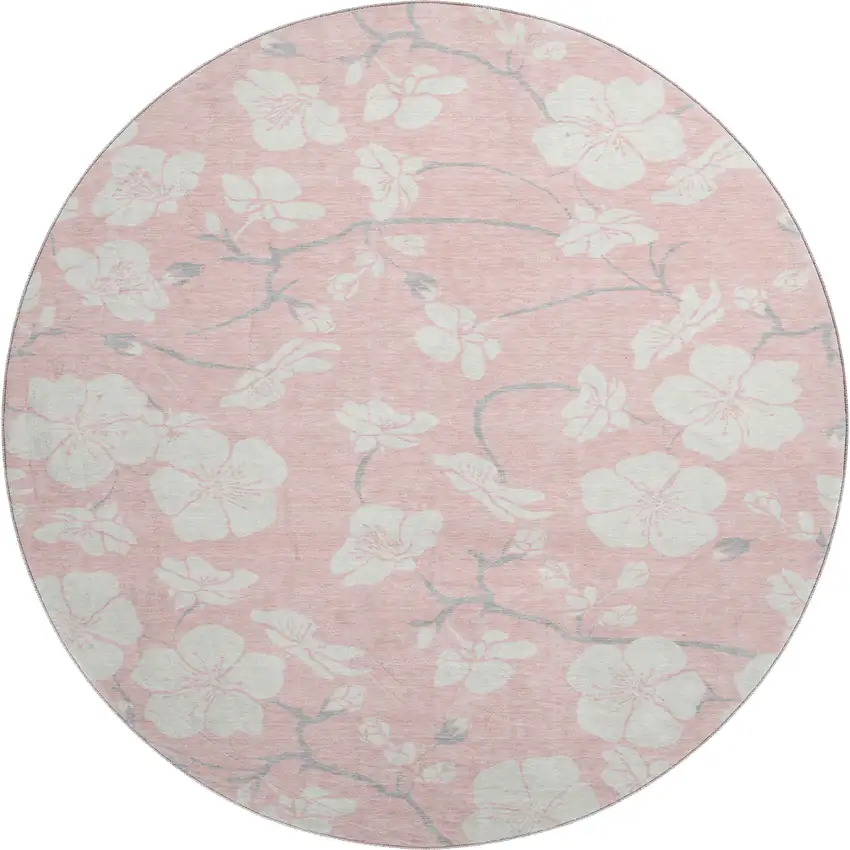8' Pink And Ivory Floral Washable Round Rug With UV Protection Photo 1