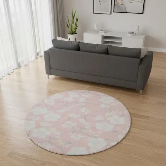 8' Pink And Ivory Floral Washable Round Rug With UV Protection Photo 2