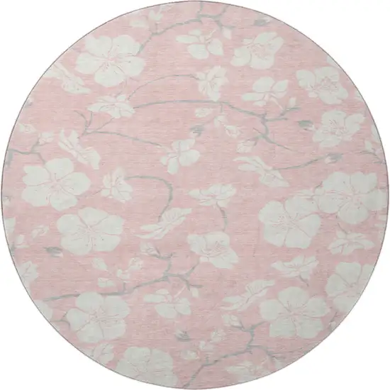 8' Pink And Ivory Floral Washable Round Rug With UV Protection Photo 3