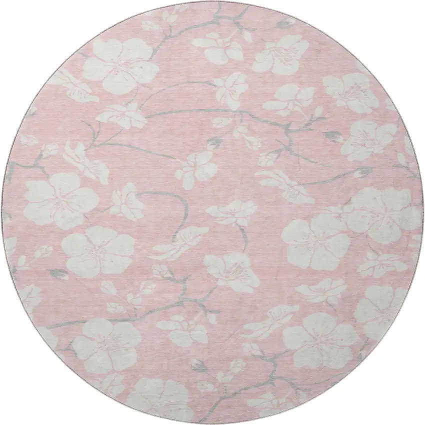 8' Pink And Ivory Floral Washable Round Rug With UV Protection Photo 3