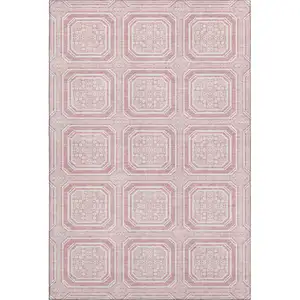 Photo of 8' Pink And Ivory Geometric Washable Area Rug With UV Protection
