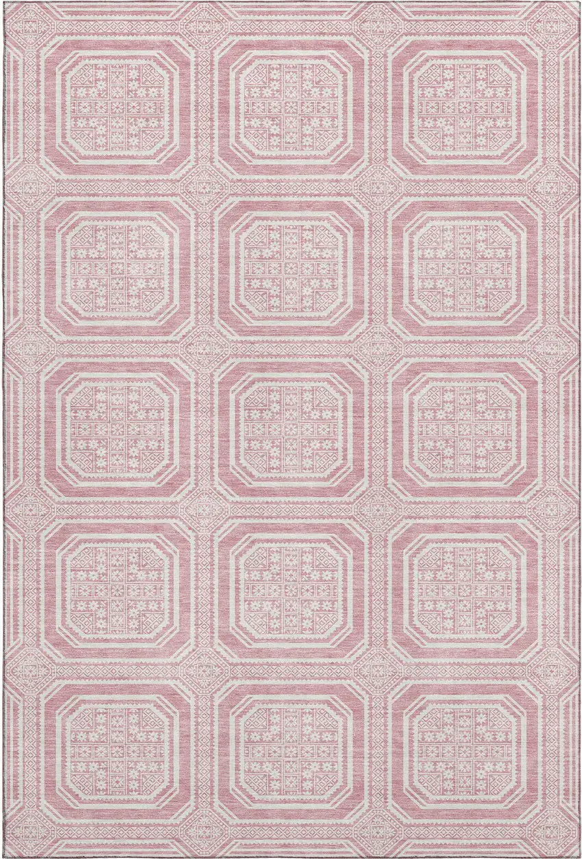 8' Pink And Ivory Geometric Washable Area Rug With UV Protection Photo 1