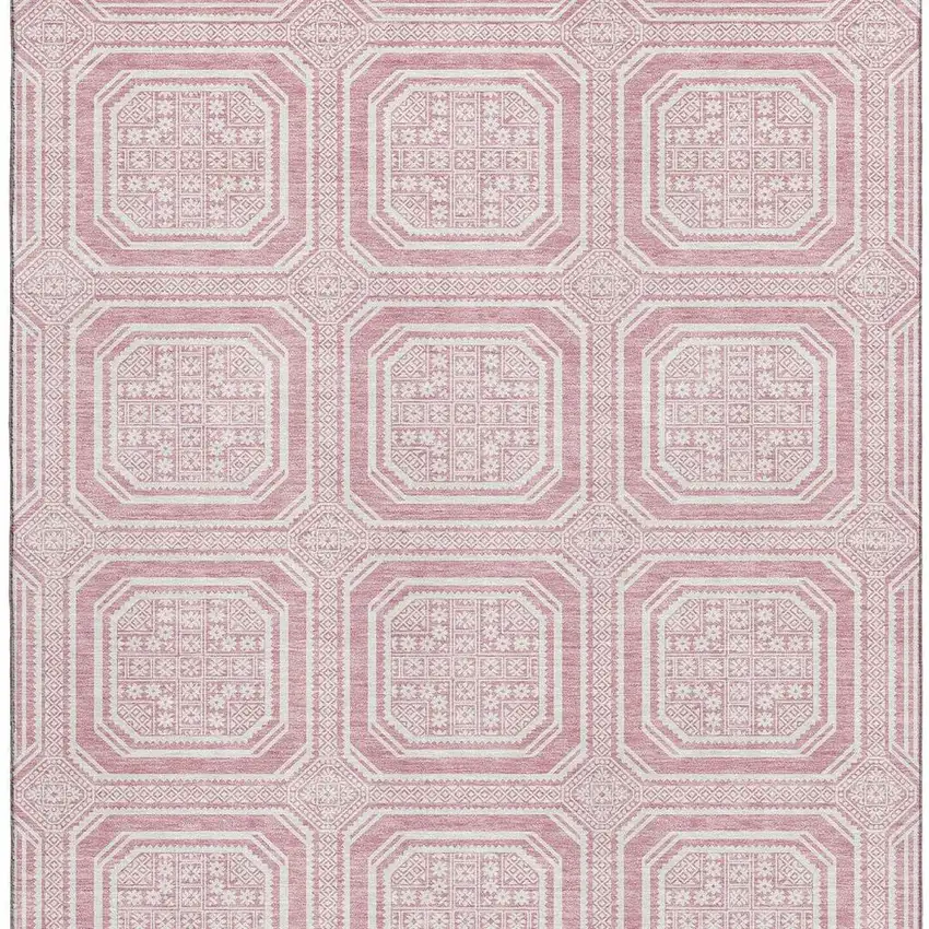8' Pink And Ivory Geometric Washable Area Rug With UV Protection Photo 3