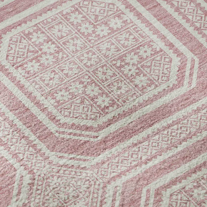 8' Pink And Ivory Geometric Washable Area Rug With UV Protection Photo 9