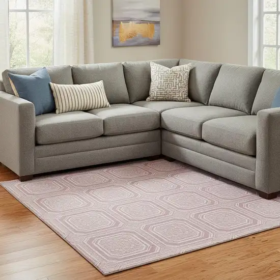 8' Pink And Ivory Geometric Washable Area Rug With UV Protection Photo 2