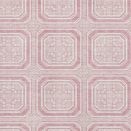 8' Pink And Ivory Geometric Washable Area Rug With UV Protection Photo 2