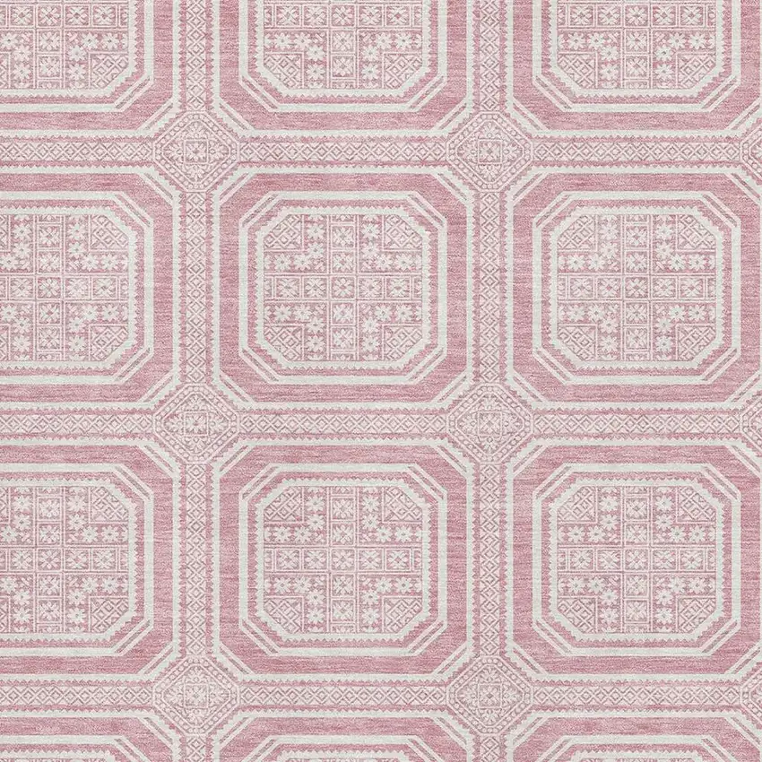 8' Pink And Ivory Geometric Washable Area Rug With UV Protection Photo 2