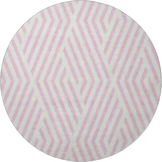 8' Pink And Ivory Geometric Washable Round Rug With UV Protection Photo 4