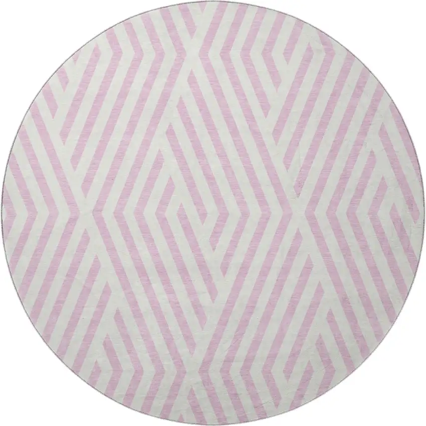 8' Pink And Ivory Geometric Washable Round Rug With UV Protection Photo 4
