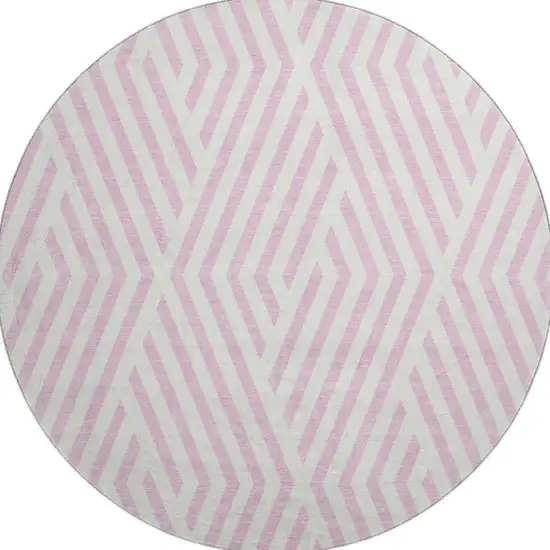 8' Pink And Ivory Geometric Washable Round Rug With UV Protection Photo 3