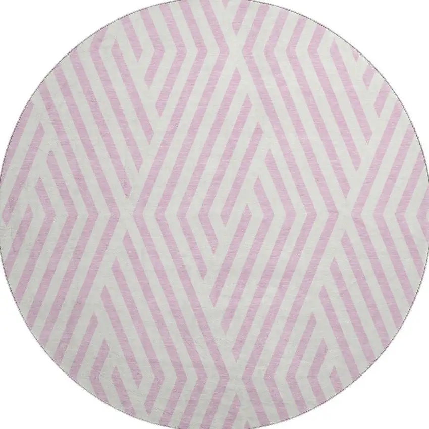 8' Pink And Ivory Geometric Washable Round Rug With UV Protection Photo 3
