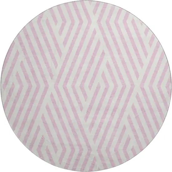 8' Pink And Ivory Geometric Washable Round Rug With UV Protection Photo 2