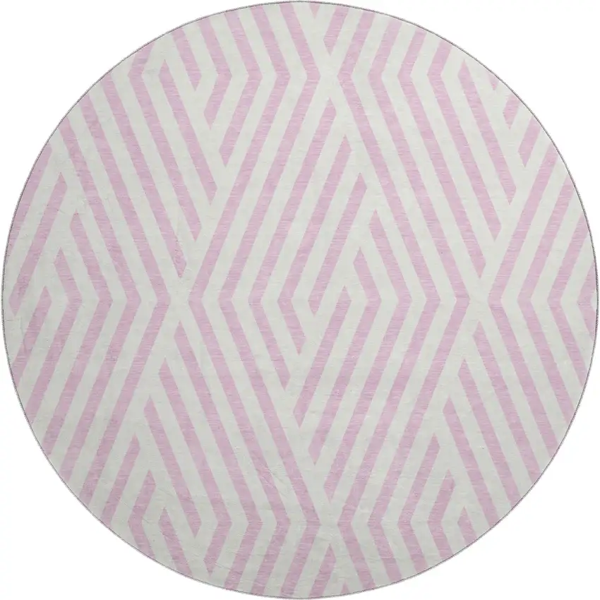 8' Pink And Ivory Geometric Washable Round Rug With UV Protection Photo 2