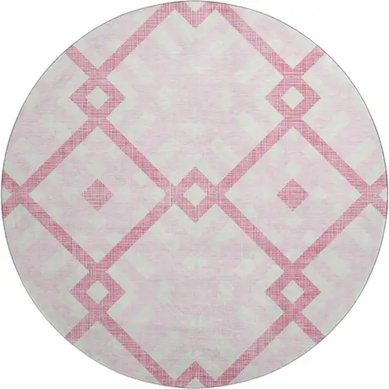 8' Pink And Ivory Geometric Washable Round Rug With UV Protection Photo 1