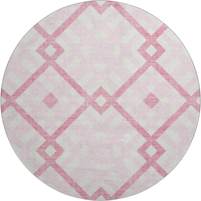 8' Pink And Ivory Geometric Washable Round Rug With UV Protection Photo 1