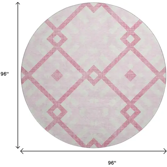 8' Pink And Ivory Geometric Washable Round Rug With UV Protection Photo 9