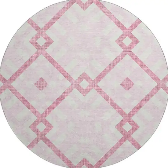 8' Pink And Ivory Geometric Washable Round Rug With UV Protection Photo 3