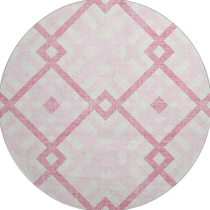8' Pink And Ivory Geometric Washable Round Rug With UV Protection Photo 3