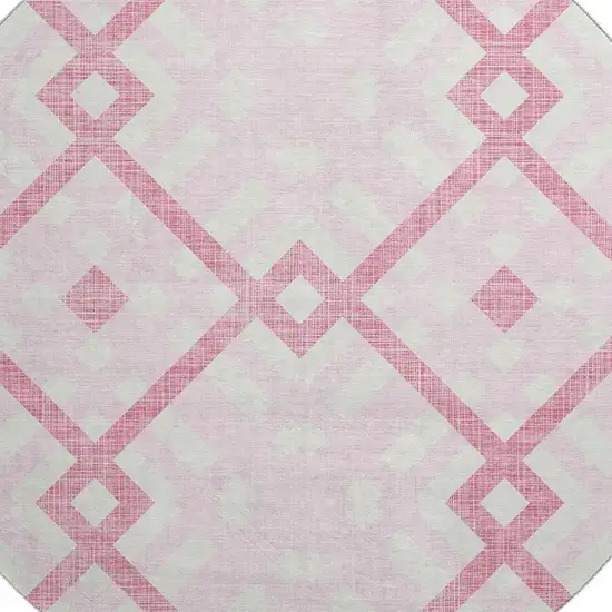 8' Pink And Ivory Geometric Washable Round Rug With UV Protection Photo 2