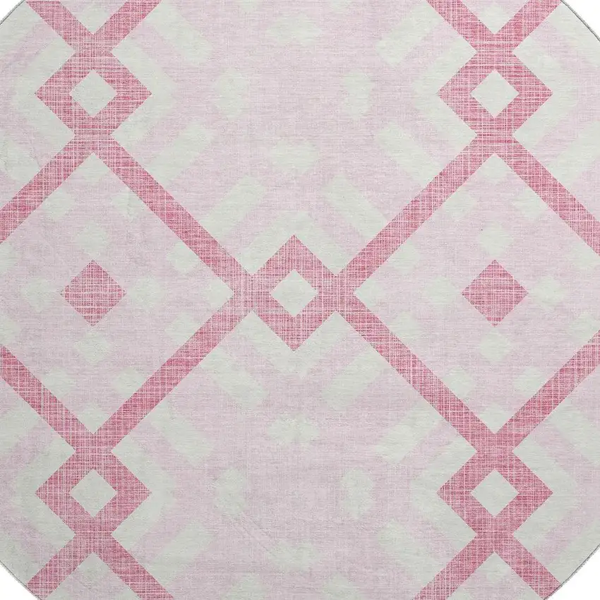 8' Pink And Ivory Geometric Washable Round Rug With UV Protection Photo 2