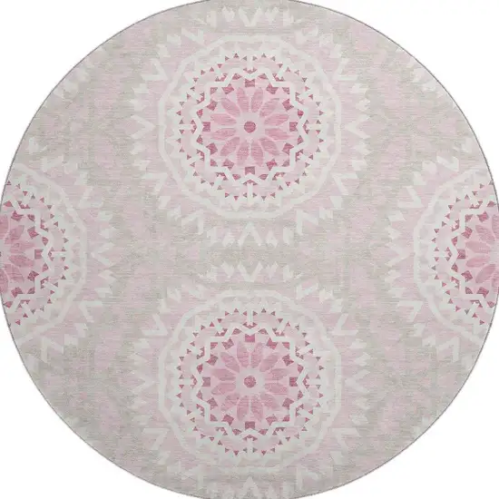 8' Pink And Ivory Geometric Washable Round Rug With UV Protection Photo 4