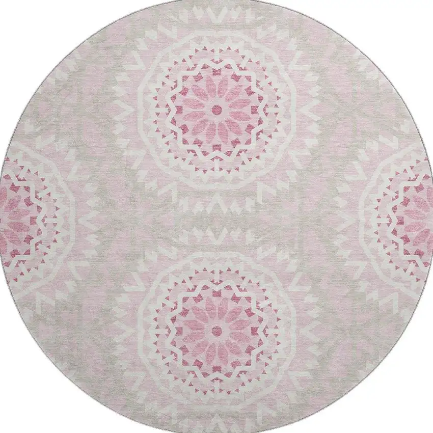 8' Pink And Ivory Geometric Washable Round Rug With UV Protection Photo 4