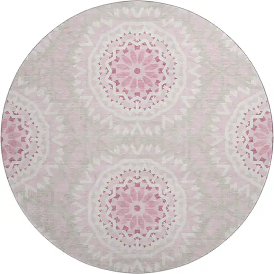 8' Pink And Ivory Geometric Washable Round Rug With UV Protection Photo 1