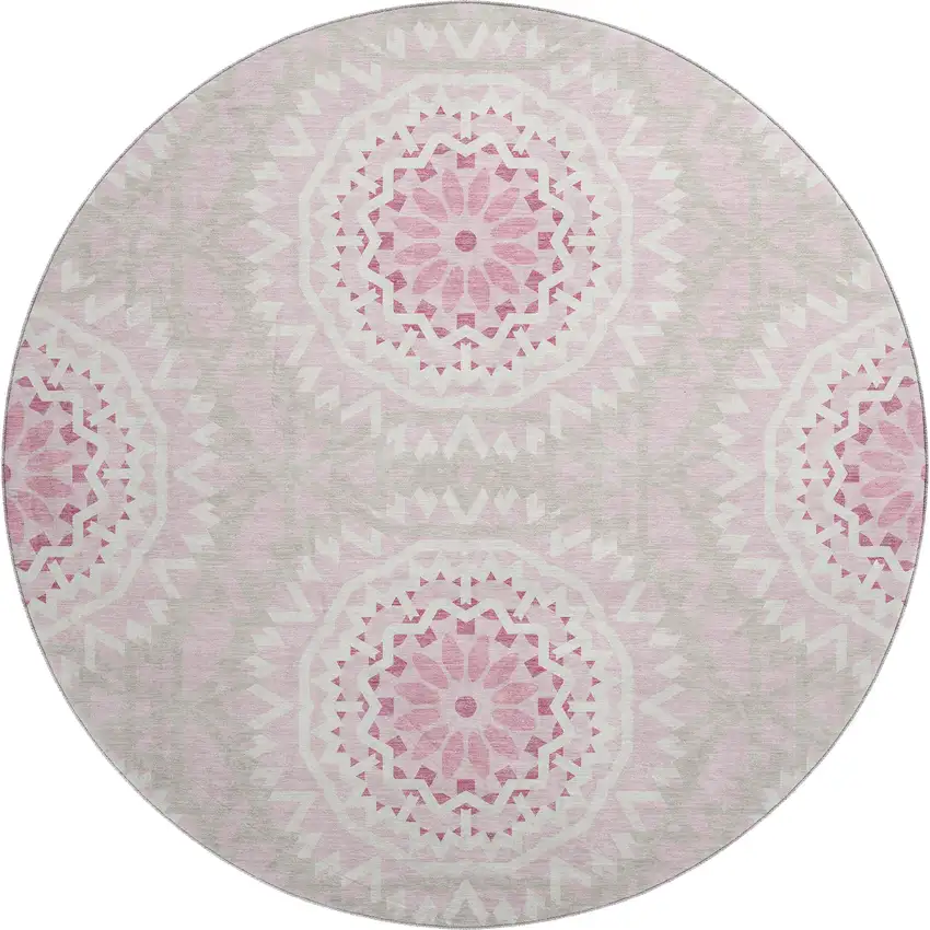 8' Pink And Ivory Geometric Washable Round Rug With UV Protection Photo 1