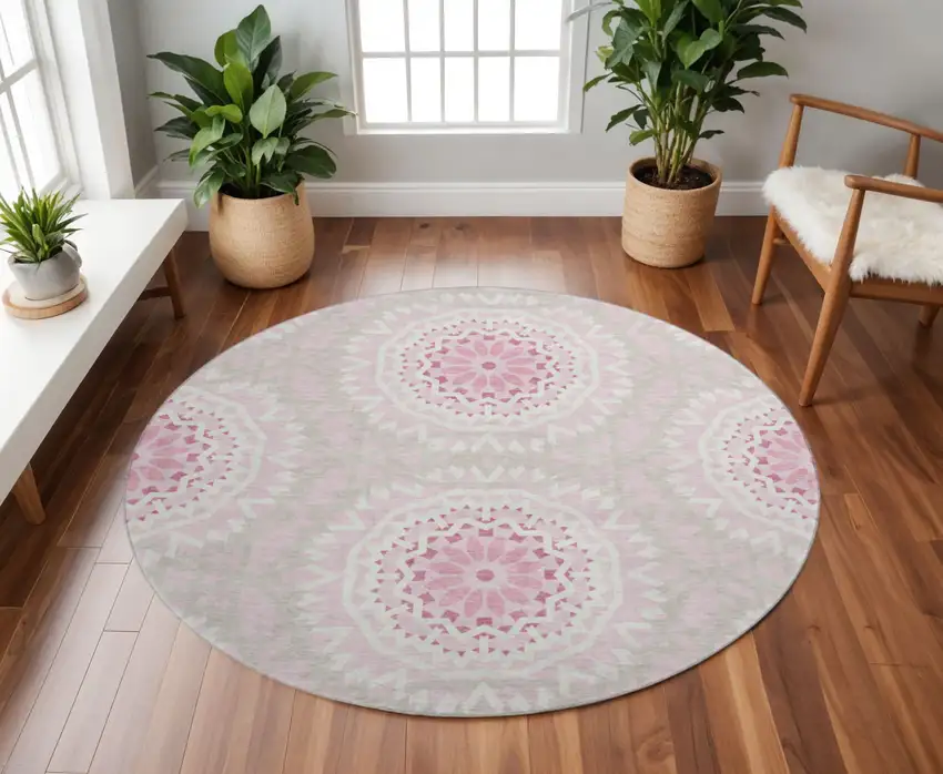 8' Pink And Ivory Geometric Washable Round Rug With UV Protection Photo 2