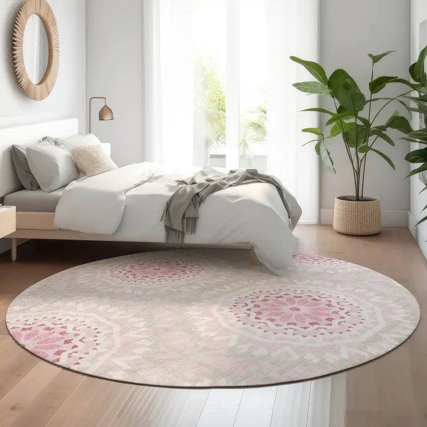 8' Pink And Ivory Geometric Washable Round Rug With UV Protection Photo 5