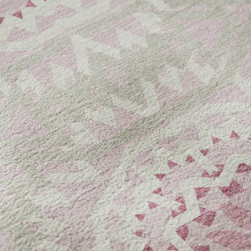 8' Pink And Ivory Geometric Washable Round Rug With UV Protection Photo 9