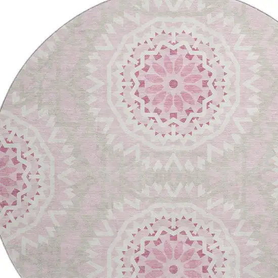 8' Pink And Ivory Geometric Washable Round Rug With UV Protection Photo 3