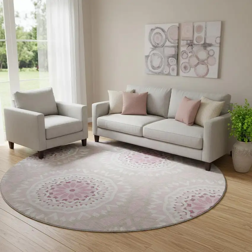 8' Pink And Ivory Geometric Washable Round Rug With UV Protection Photo 1