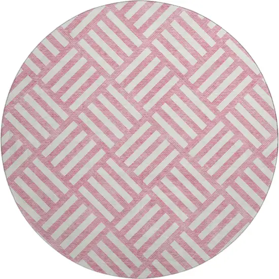 8' Pink And Ivory Geometric Washable Round Rug With UV Protection Photo 1