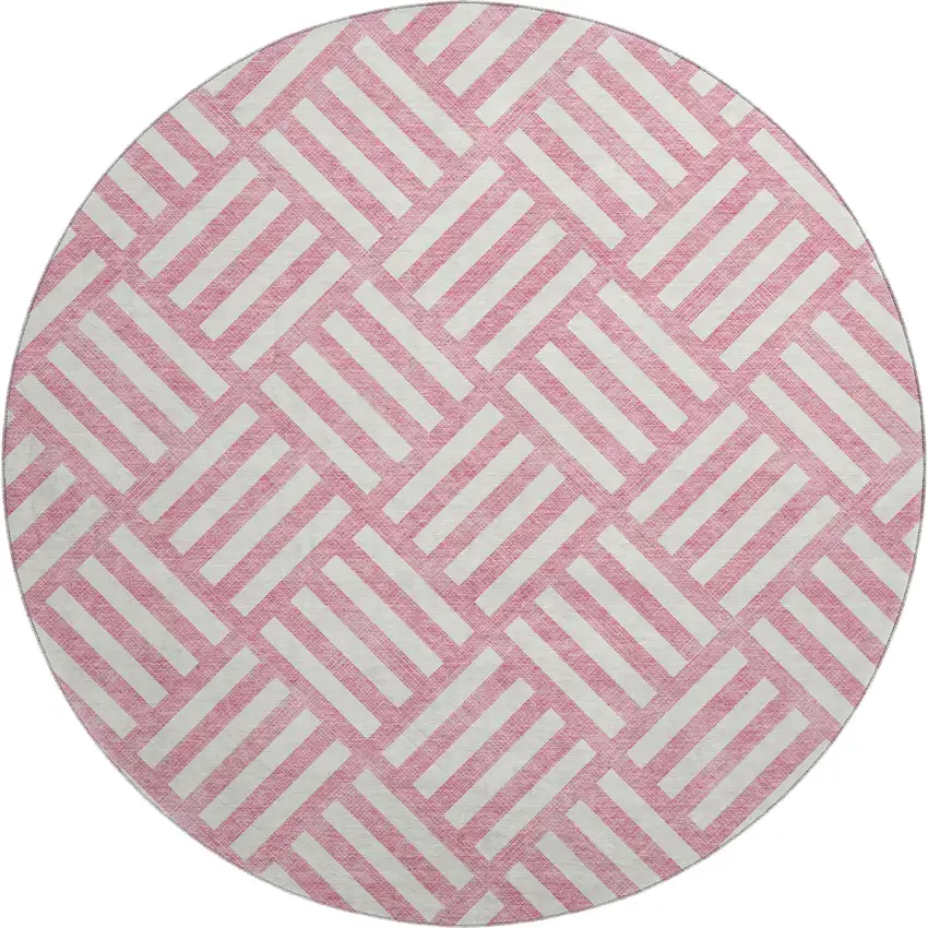 8' Pink And Ivory Geometric Washable Round Rug With UV Protection Photo 1