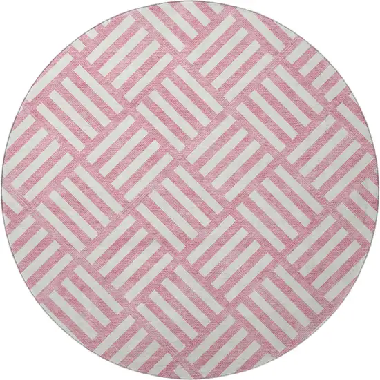 8' Pink And Ivory Geometric Washable Round Rug With UV Protection Photo 4